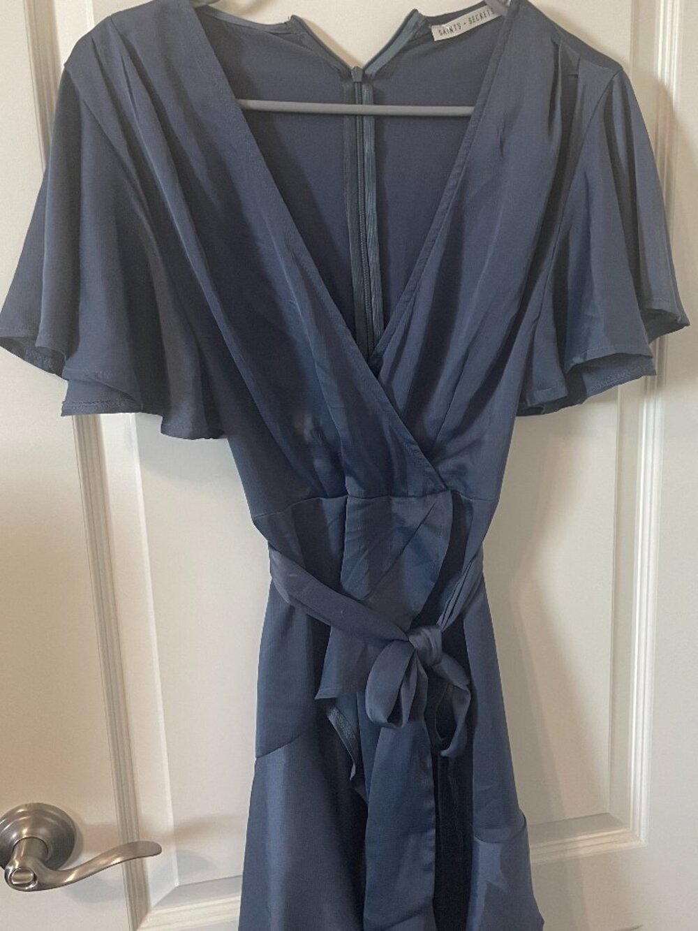 Hello Molly faux Wrap Mini Dress Satin Steel Blue Small